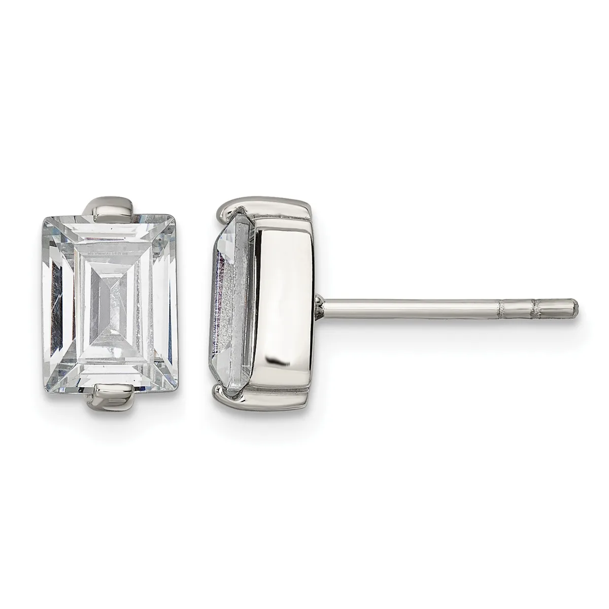 A pair of silver stud earrings with rectangular clear gemstones set in bezels, shown from front and side view on posts.