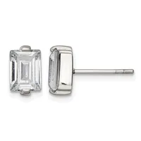A pair of silver stud earrings with rectangular clear gemstones set in bezels, shown from front and side view on posts.