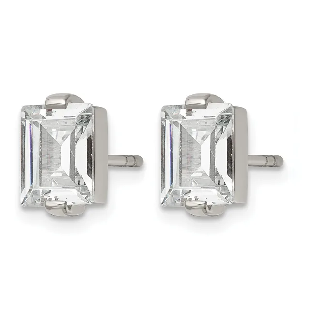 Pair of rectangular-cut clear crystal stud earrings set in polished silver-toned metal with post and butterfly backs.