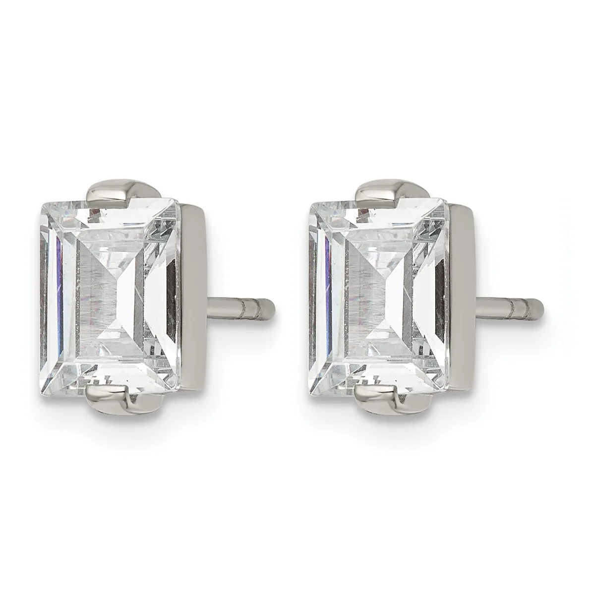 Pair of rectangular-cut clear crystal stud earrings set in polished silver-toned metal with post and butterfly backs.