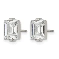 Pair of rectangular-cut clear crystal stud earrings set in polished silver-toned metal with post and butterfly backs.