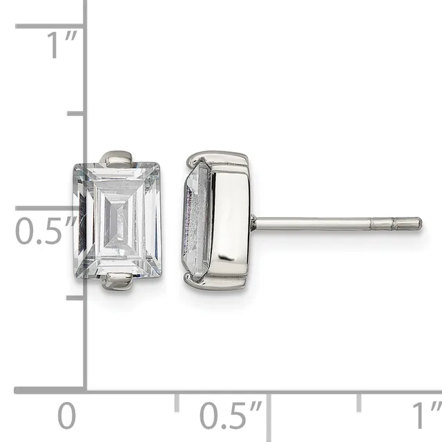 Pair of silver stud earrings with rectangular clear gemstones, shown front and side view with measurement scale indicating approximately half-inch height.