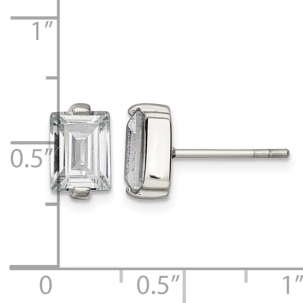 Pair of silver stud earrings with rectangular clear gemstones, shown front and side view with measurement scale indicating approximately half-inch height.