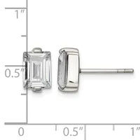Pair of silver stud earrings with rectangular clear gemstones, shown front and side view with measurement scale indicating approximately half-inch height.