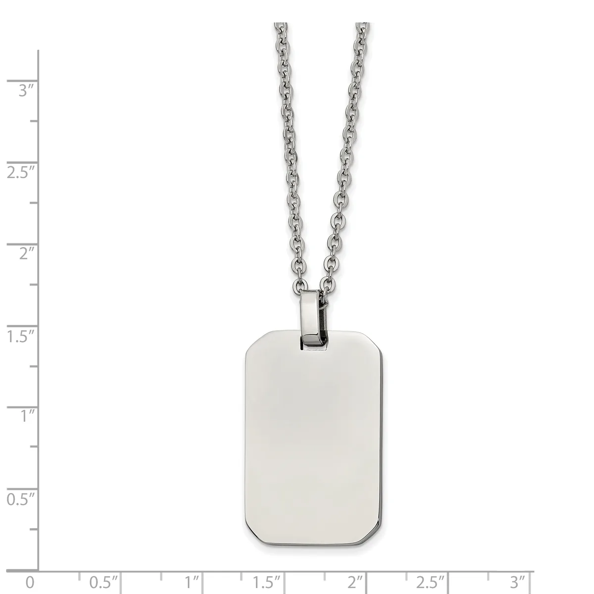 A polished rectangular stainless steel dog tag pendant hangs from a thin chain against a measurement scale showing the tag is approximately 1.25 inches tall.