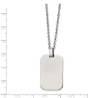 A polished rectangular stainless steel dog tag pendant hangs from a thin chain against a measurement scale showing the tag is approximately 1.25 inches tall.