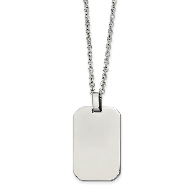 A polished stainless steel dog tag pendant with rounded corners hanging from a stainless steel chain.