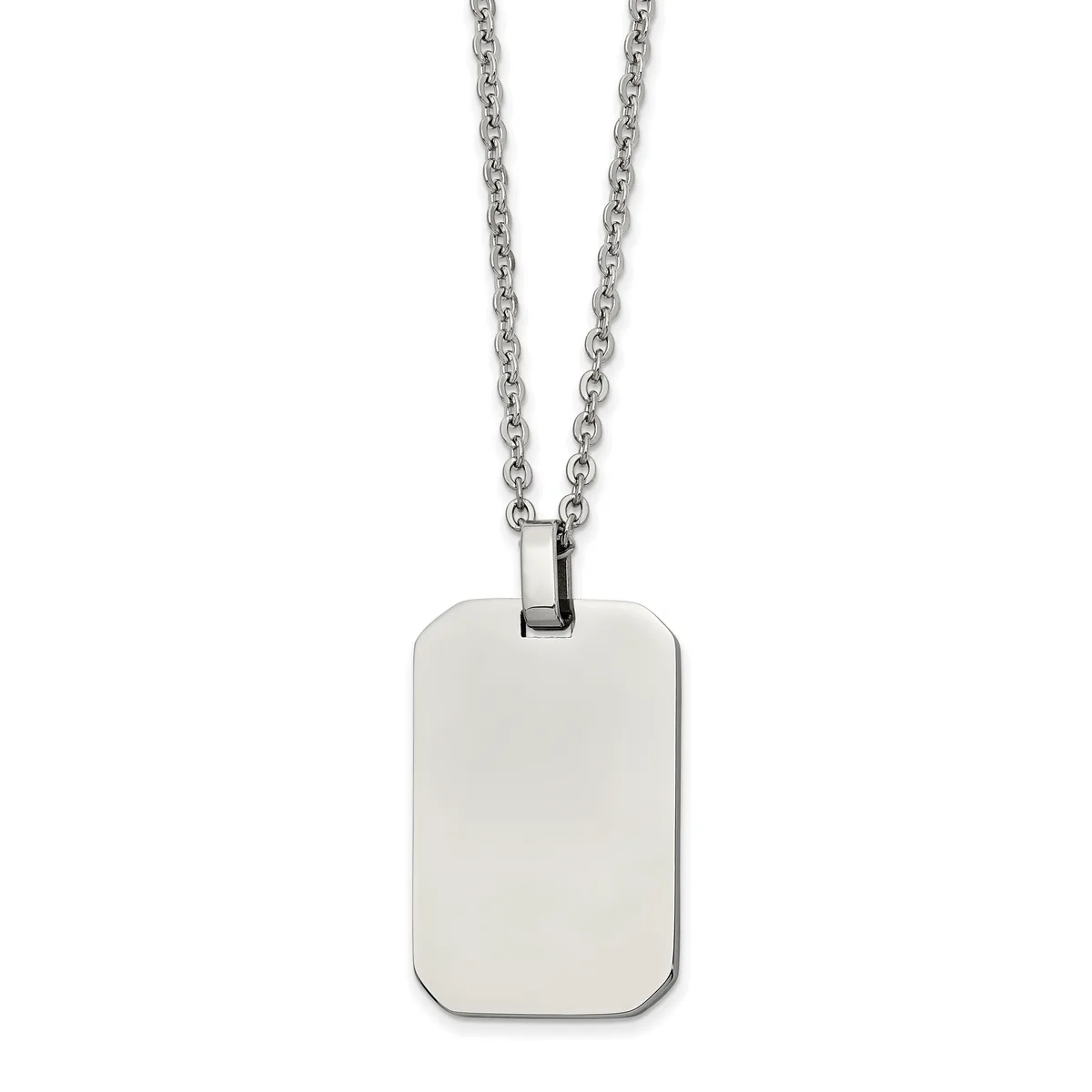 A polished stainless steel dog tag pendant with rounded corners hanging from a stainless steel chain.