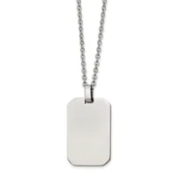 A polished stainless steel dog tag pendant with rounded corners hanging from a stainless steel chain.
