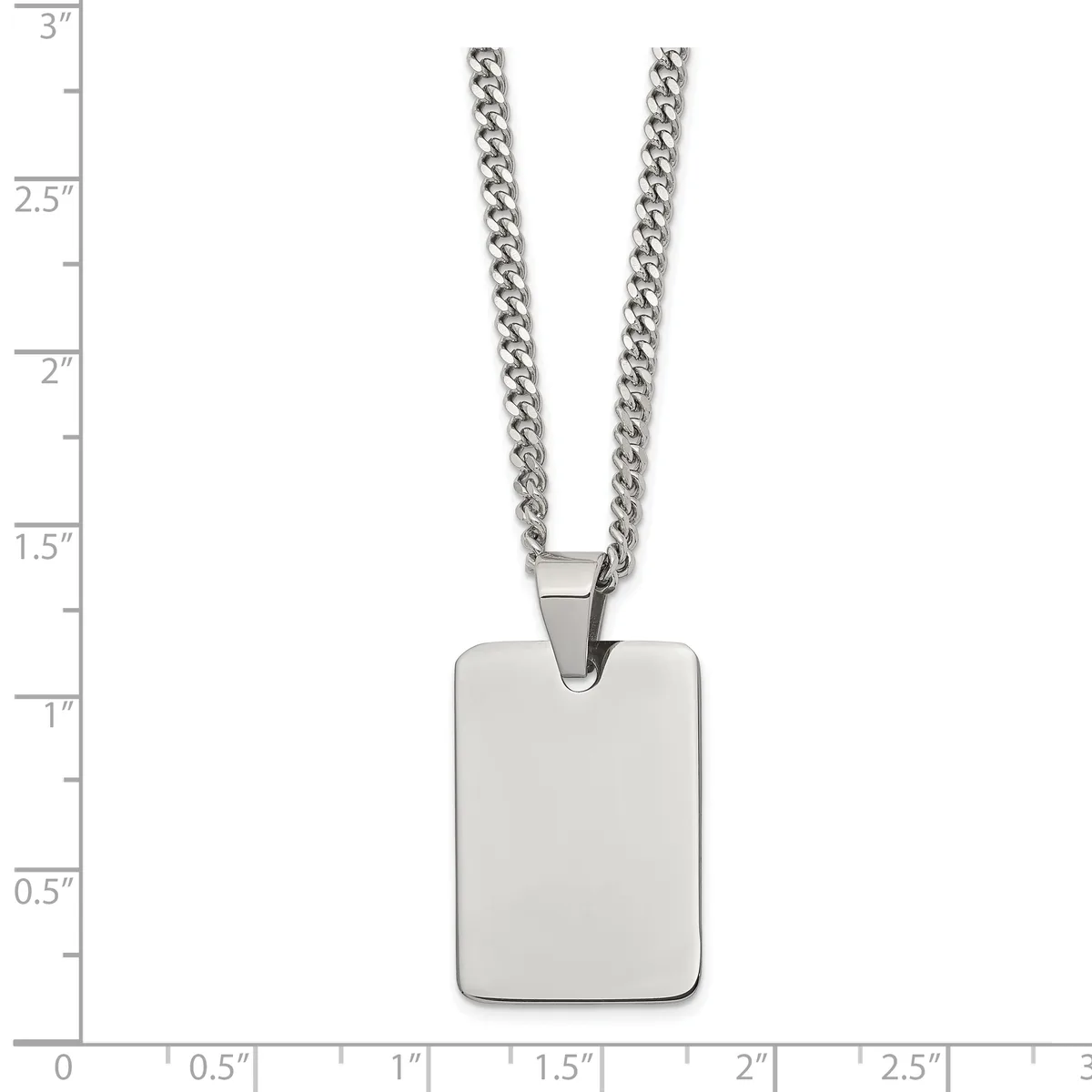 A stainless steel rectangular pendant hangs from a curb chain, displayed against a measurement scale showing the pendant is approximately one inch tall.