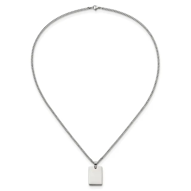 A silver chain necklace with a small rectangular pendant hanging from the center.