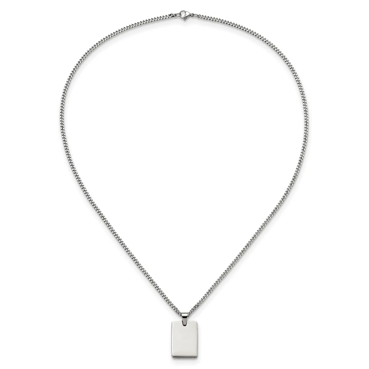 A silver chain necklace with a small rectangular pendant hanging from the center.