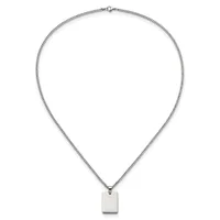 A silver chain necklace with a small rectangular pendant hanging from the center.