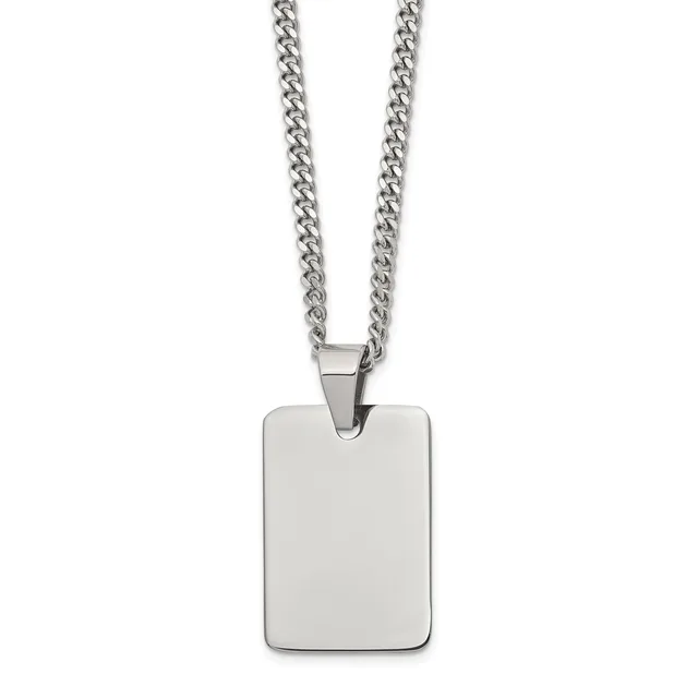 Stainless steel curb chain necklace with a rectangular polished pendant hanging from a bail loop.