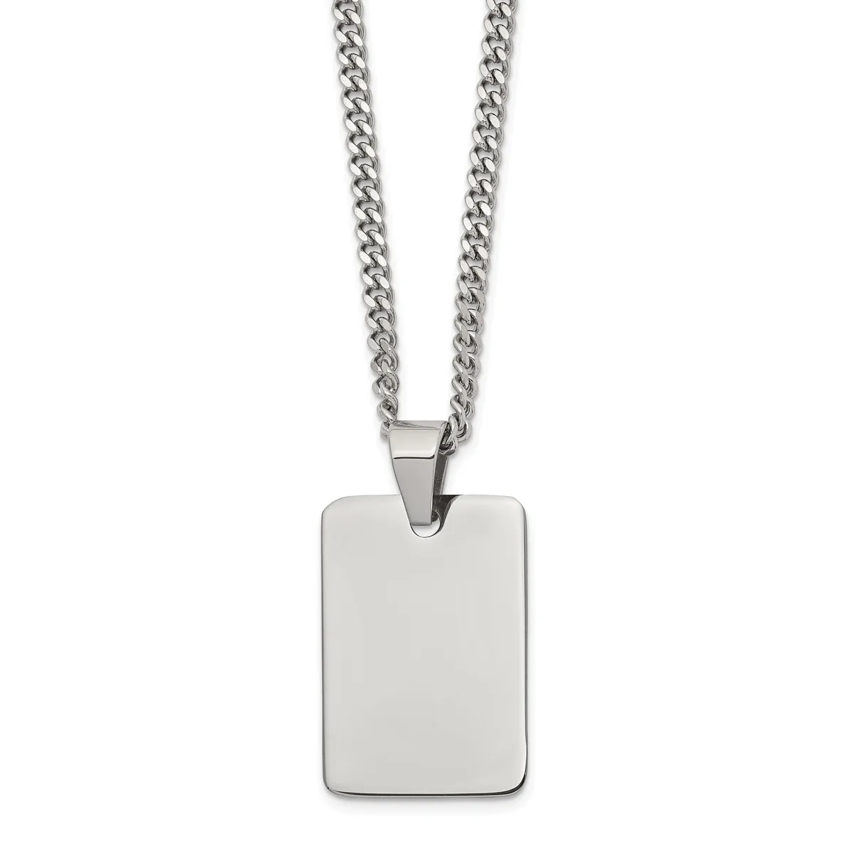 Stainless steel curb chain necklace with a rectangular polished pendant hanging from a bail loop.