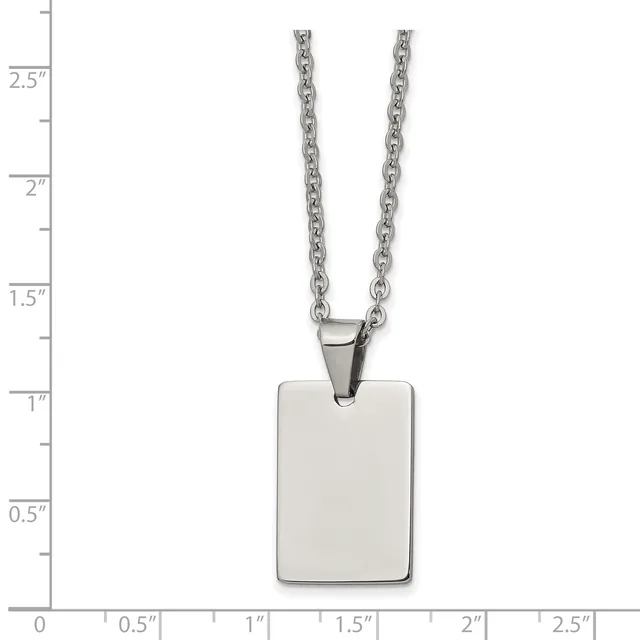 Stainless steel rectangular pendant necklace with chain, shown against a measurement scale indicating the pendant is approximately one inch tall and three-quarters inch wide.