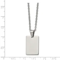 Stainless steel rectangular pendant necklace with chain, shown against a measurement scale indicating the pendant is approximately one inch tall and three-quarters inch wide.