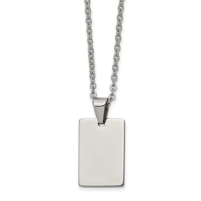 Stainless steel rectangular pendant necklace with polished finish and chain attachment at top, displayed against a white background.