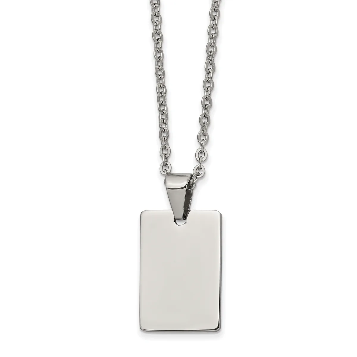 Stainless steel rectangular pendant necklace with polished finish and chain attachment at top, displayed against a white background.