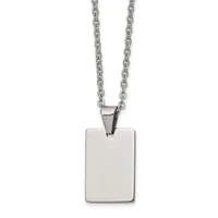 Stainless steel rectangular pendant necklace with polished finish and chain attachment at top, displayed against a white background.