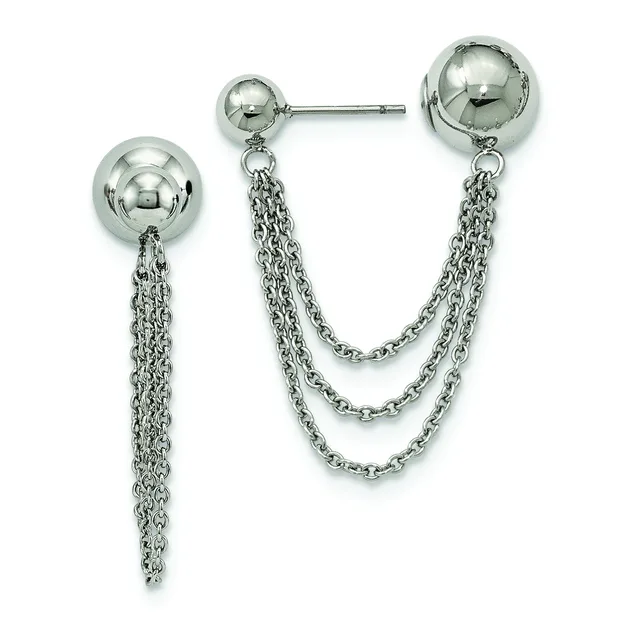 Pair of polished silver-tone ball stud earrings with chain drape connectors featuring three strands of delicate linked chain extending from each post.