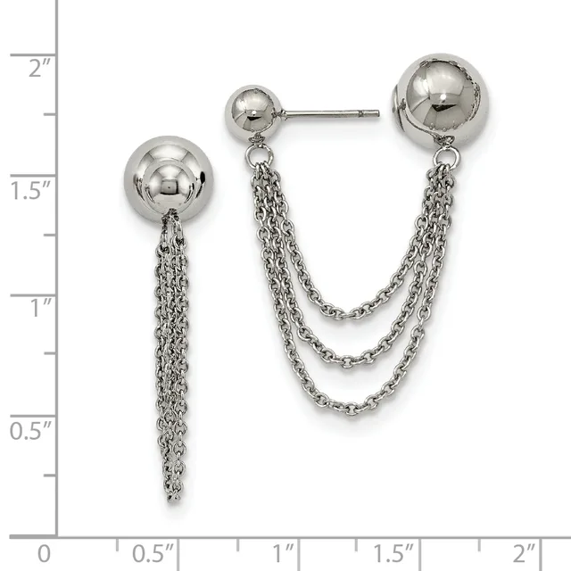 Silver ball stud earrings with matching chain drapes, displayed on a ruler showing approximately 1.5 inches in length.