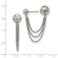 Silver ball stud earrings with matching chain drapes, displayed on a ruler showing approximately 1.5 inches in length.