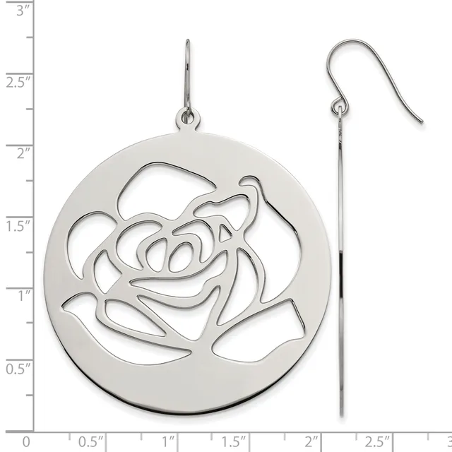 A pair of silver dangle earrings featuring circular pendants with cutout rose designs, shown next to a measurement ruler indicating approximately 2 inches in length.