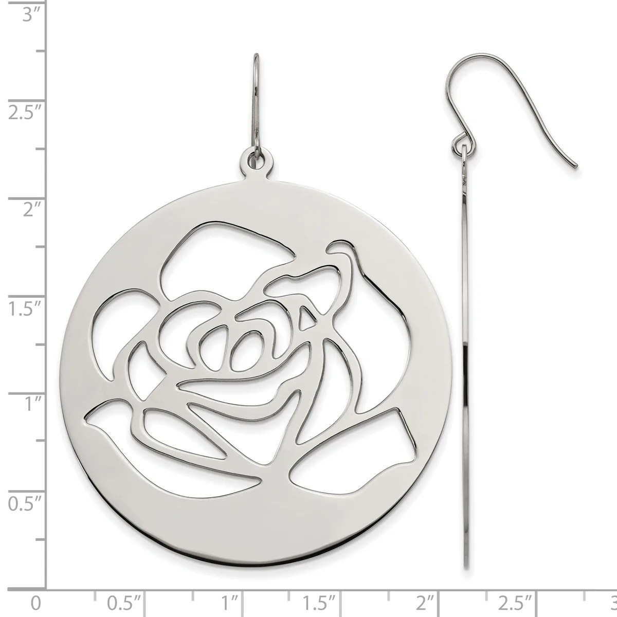 A pair of silver dangle earrings featuring circular pendants with cutout rose designs, shown next to a measurement ruler indicating approximately 2 inches in length.