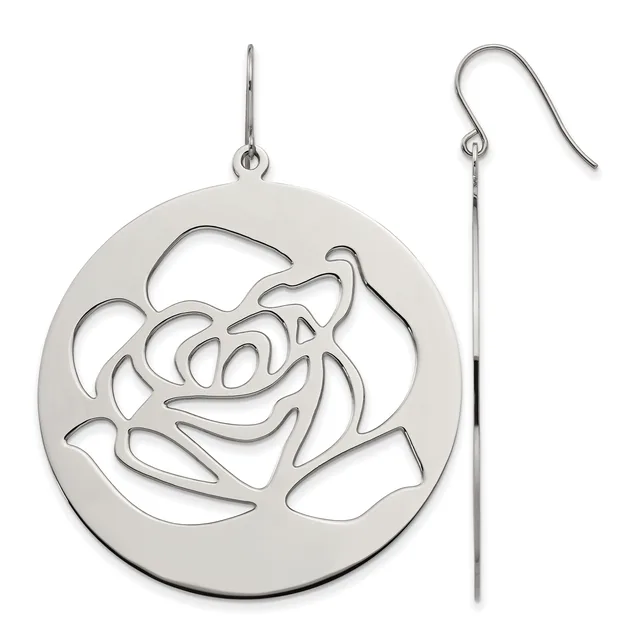 A pair of silver dangle earrings featuring circular pendants with a cutout rose design, shown from front and side views.
