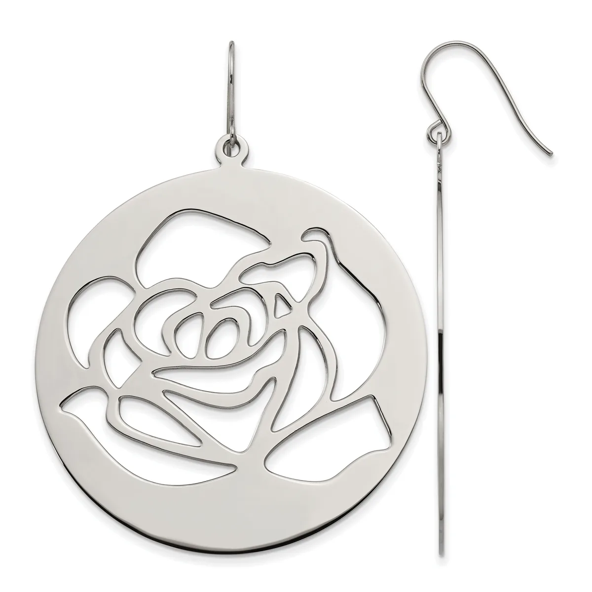 A pair of silver dangle earrings featuring circular pendants with a cutout rose design, shown from front and side views.