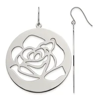 A pair of silver dangle earrings featuring circular pendants with a cutout rose design, shown from front and side views.