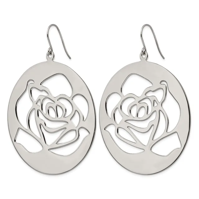 Pair of silver-toned oval drop earrings with cutout rose flower designs and fish hook ear wires.