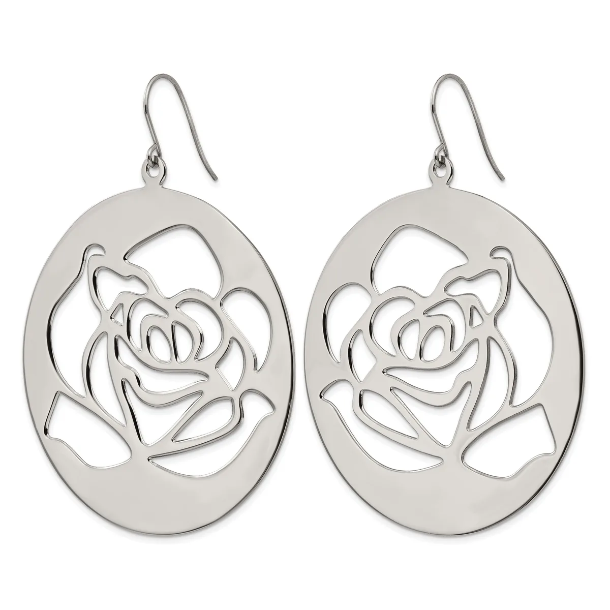 Pair of silver-toned oval drop earrings with cutout rose flower designs and fish hook ear wires.