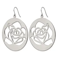 Pair of silver-toned oval drop earrings with cutout rose flower designs and fish hook ear wires.