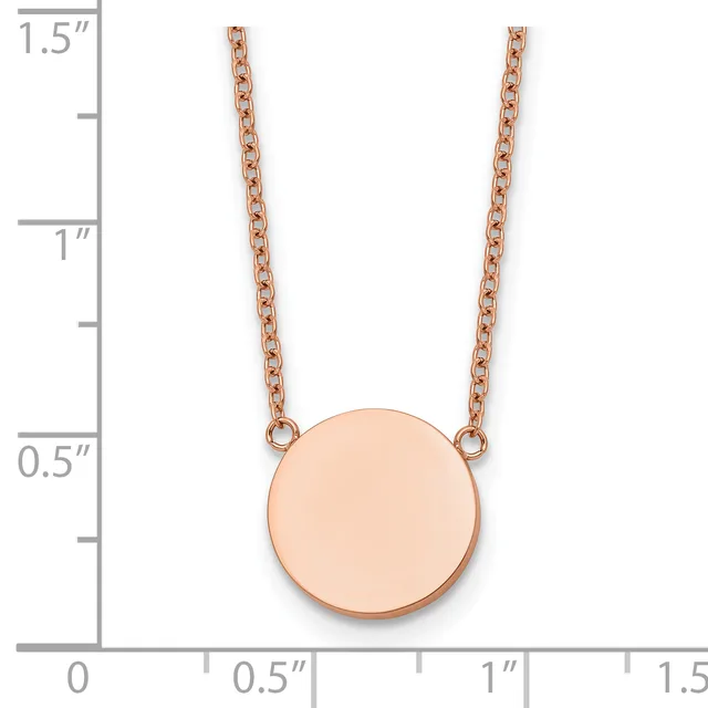 Rose gold circular pendant necklace with two delicate chain strands, shown next to a measurement scale indicating the pendant is approximately 0.75 inches in diameter.