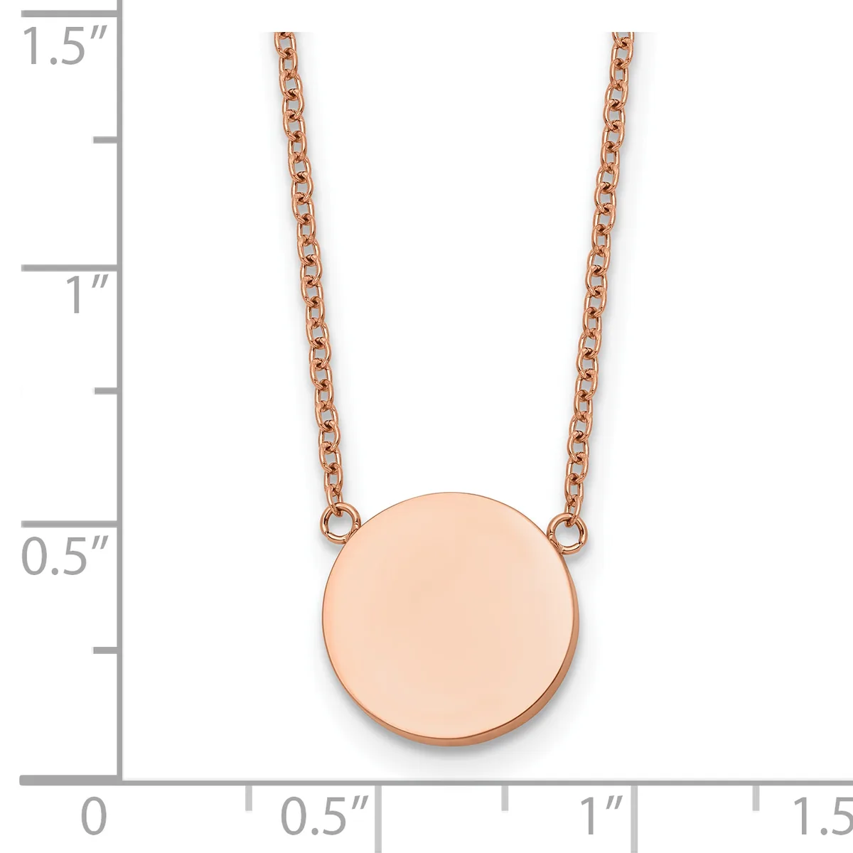 Rose gold circular pendant necklace with two delicate chain strands, shown next to a measurement scale indicating the pendant is approximately 0.75 inches in diameter.