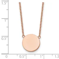 Rose gold circular pendant necklace with two delicate chain strands, shown next to a measurement scale indicating the pendant is approximately 0.75 inches in diameter.