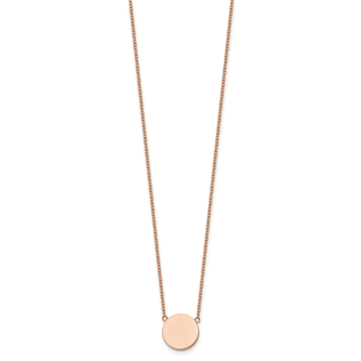 Rose gold necklace with a thin chain and a small circular pendant hanging at center.