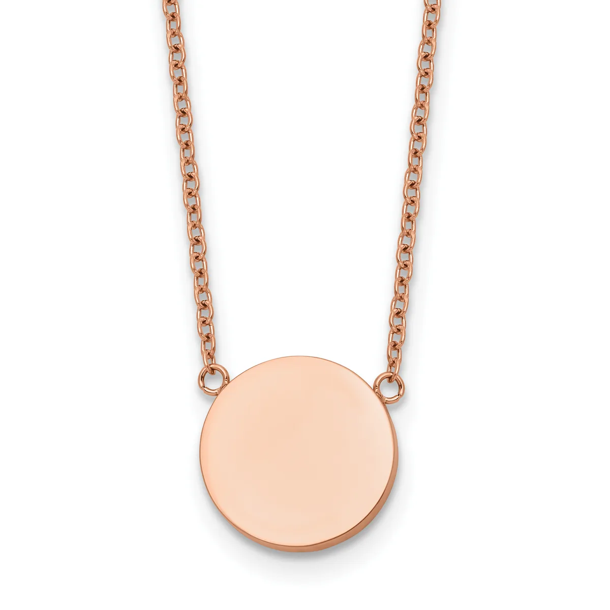 A rose gold necklace with a delicate chain suspending a polished circular disc pendant.