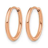 A pair of polished rose gold hoop earrings with a smooth, rounded tubular design and hinged closures.