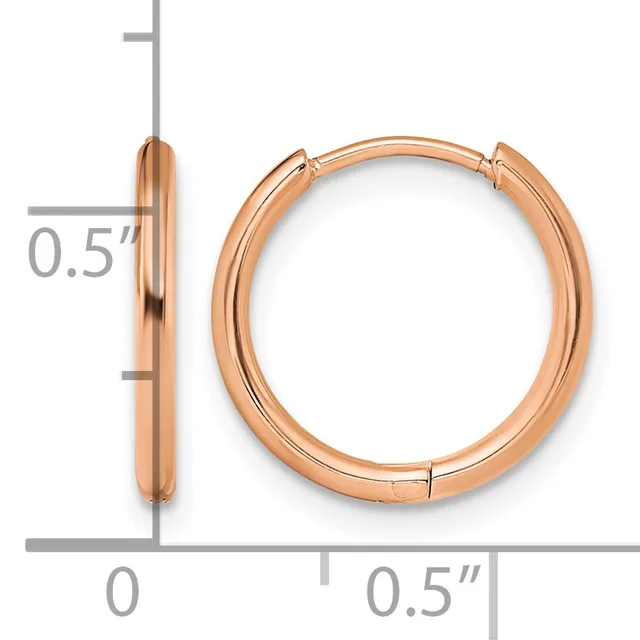A pair of polished rose gold hoop earrings with a chunky rounded profile, shown from front and side views with measurement scale indicating approximately 0.5 inches in diameter.