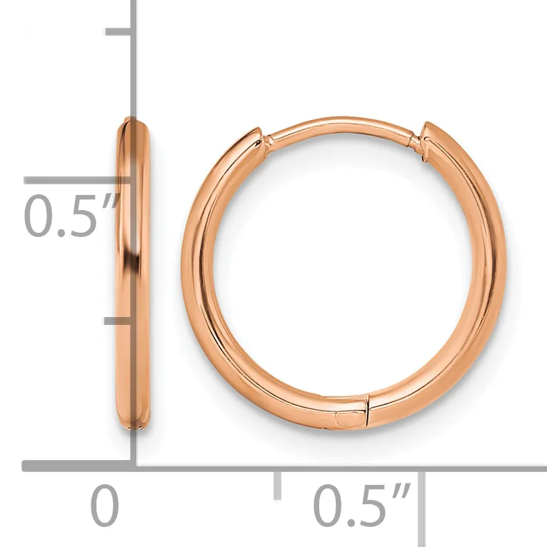 A pair of polished rose gold hoop earrings with a chunky rounded profile, shown from front and side views with measurement scale indicating approximately 0.5 inches in diameter.