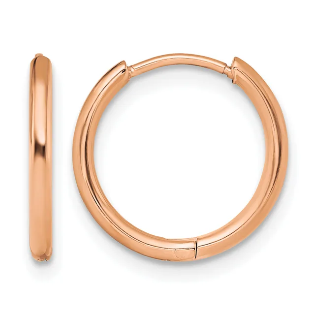 A pair of rose gold hoop earrings displayed from front and side angles, showing a polished finish and hinged closure.