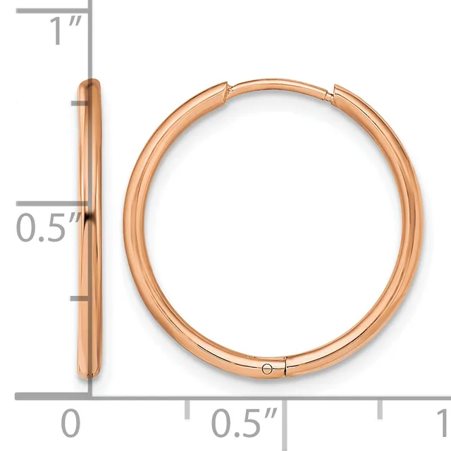 Rose gold-toned hinged bangle bracelet shown from front and side views with measurement scale indicating approximately one inch in height and half inch in width.