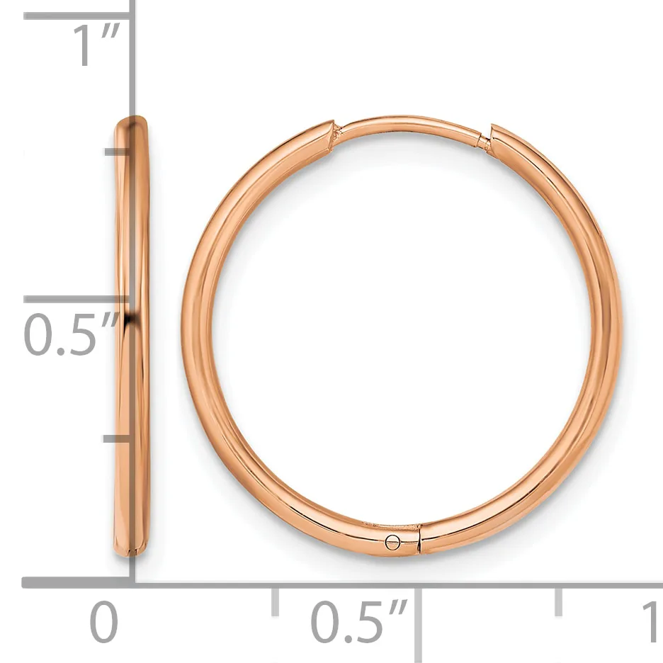 Rose gold-toned hinged bangle bracelet shown from front and side views with measurement scale indicating approximately one inch in height and half inch in width.