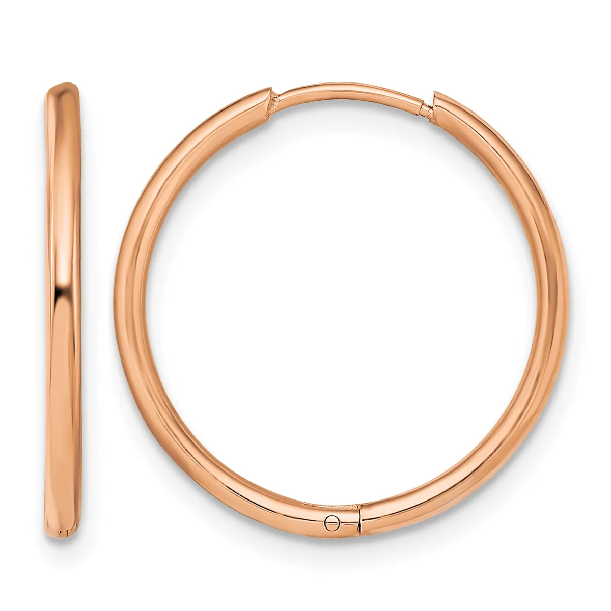 A pair of polished rose gold hoop earrings displayed from front and side views, showing their smooth tubular construction and hinged closures.