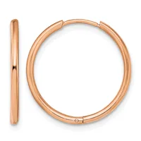 A pair of polished rose gold hoop earrings displayed from front and side views, showing their smooth tubular construction and hinged closures.