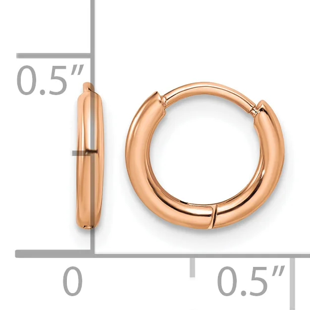 Rose gold polished chunky hoop earrings with a measurement scale showing 0.5 inch thickness and 0.5 inch diameter.