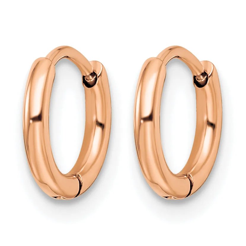 A pair of polished rose gold hoop earrings with a chunky, rounded rectangular profile, shown against a white background.